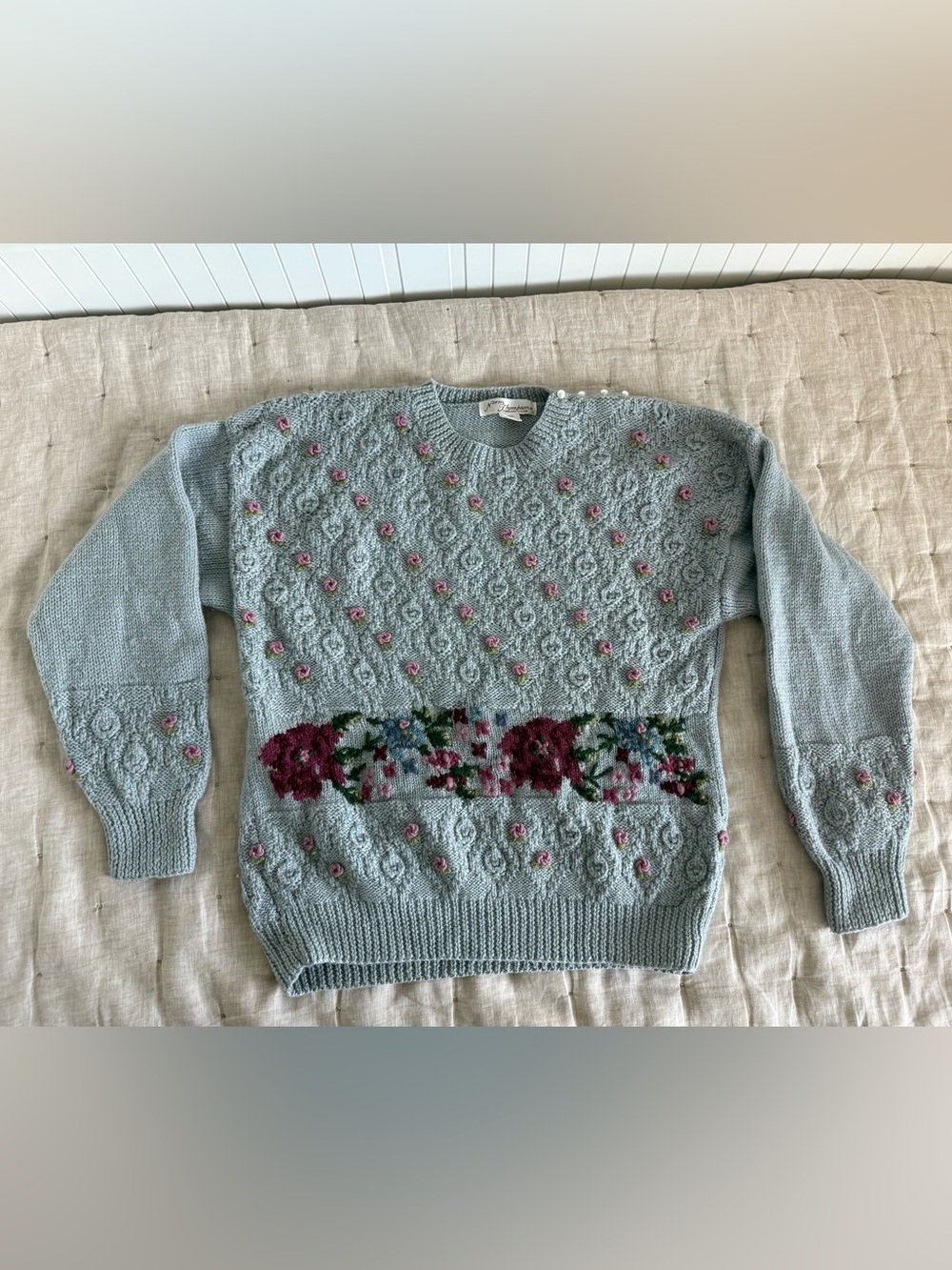 Norm Thompson Vintage Floral Wool Sweater Pearl Sweater Size Medium